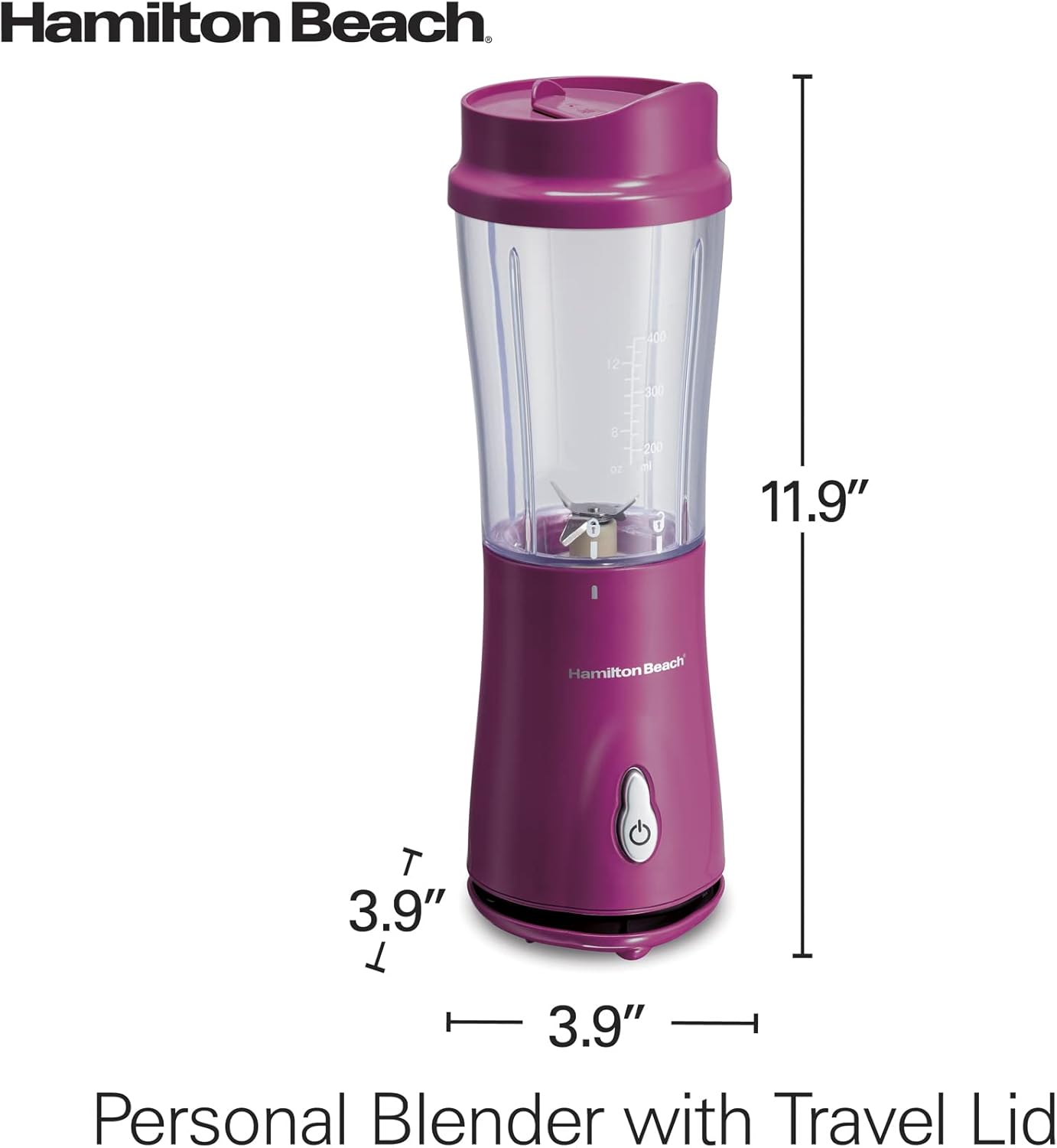 Hamilton Beach Portable Blender for Shakes and Smoothies with 14 Oz BPA Free Travel Cup and Lid, Durable Stainless Steel Blades for Powerful Blending Performance, Raspberry (51131)