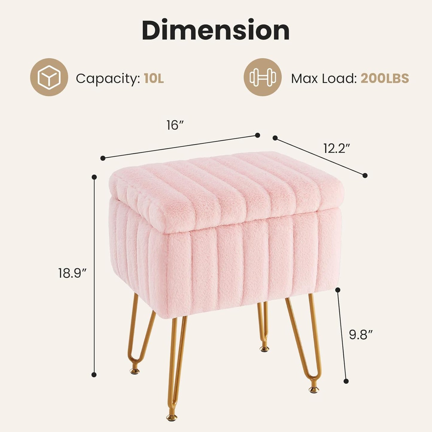 DUMOS Vanity Stool Chair, Ottoman with Storage, Makeup Cute Soft Small Footstool, Modern Style Faux Fur Seat with 4 Metal Legs & Adjustable Feet for Dressing, Living Room, Bedroom, Dorm, Pink