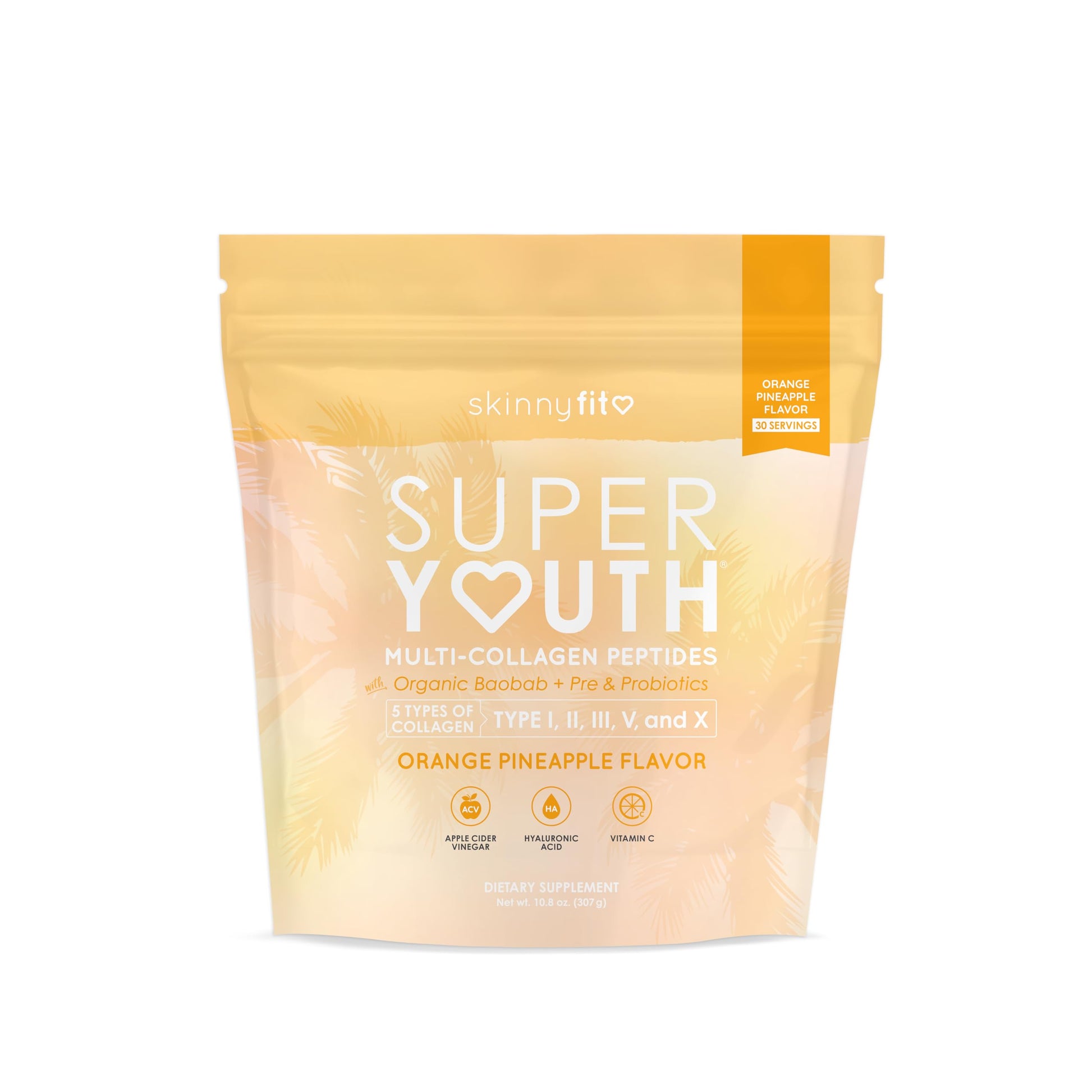 SkinnyFit Super Youth Tropical Punch Multi-Collagen Peptides + Probiotics, Baobab Fiber, Apple Cider Vinegar, Hyaluronic Acid, & Vitamin C, Skin, Hair, Joint & Metabolism Support, 30 Servings