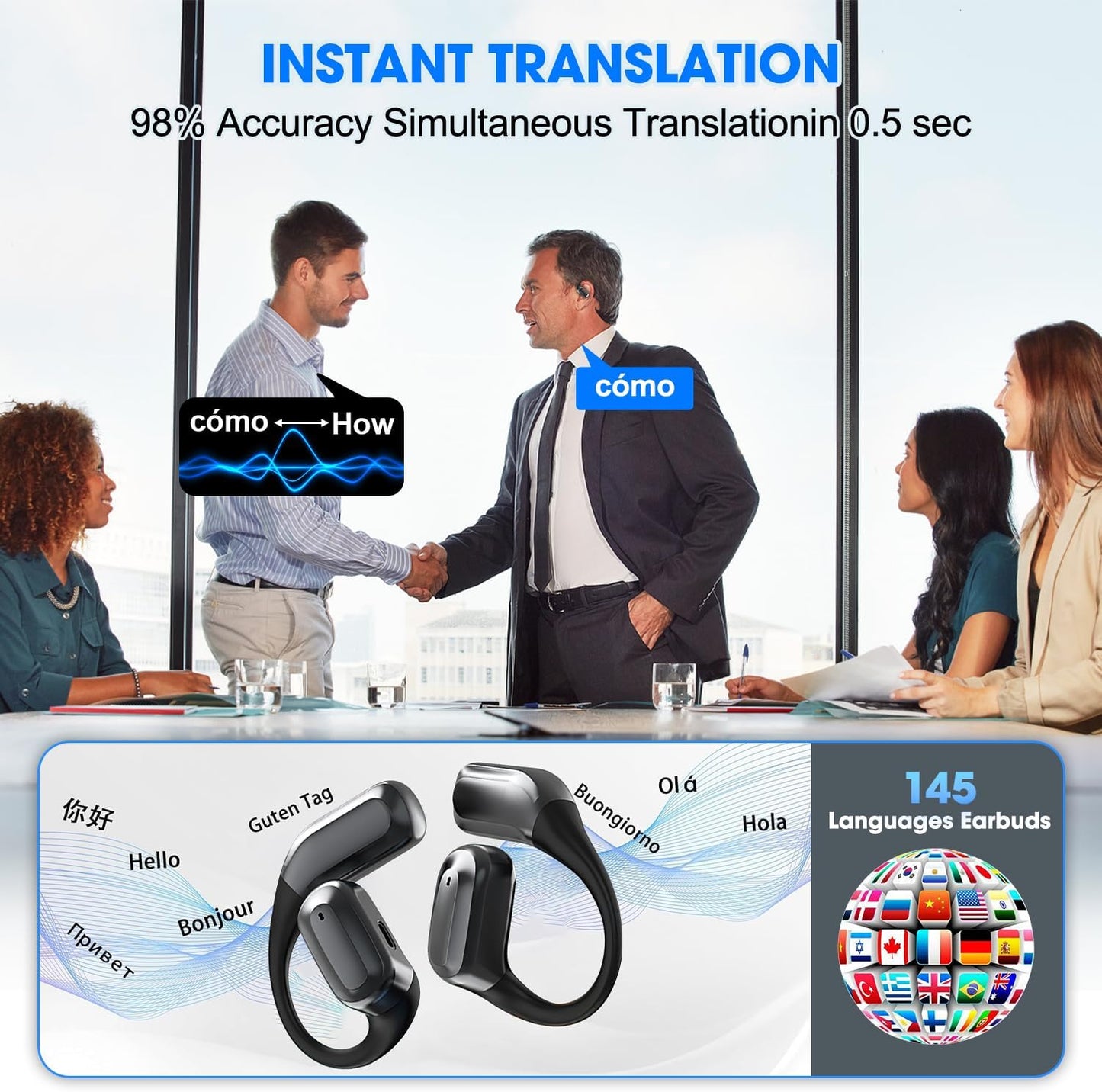 Translation Wireless Bluetooth Earbuds, Ai Translating Ear Buds, Language Translator Earphone in Real Time Supports 144 Languages, 144 Languages Play Music Bluetooth Over-Ear Earbuds (White)