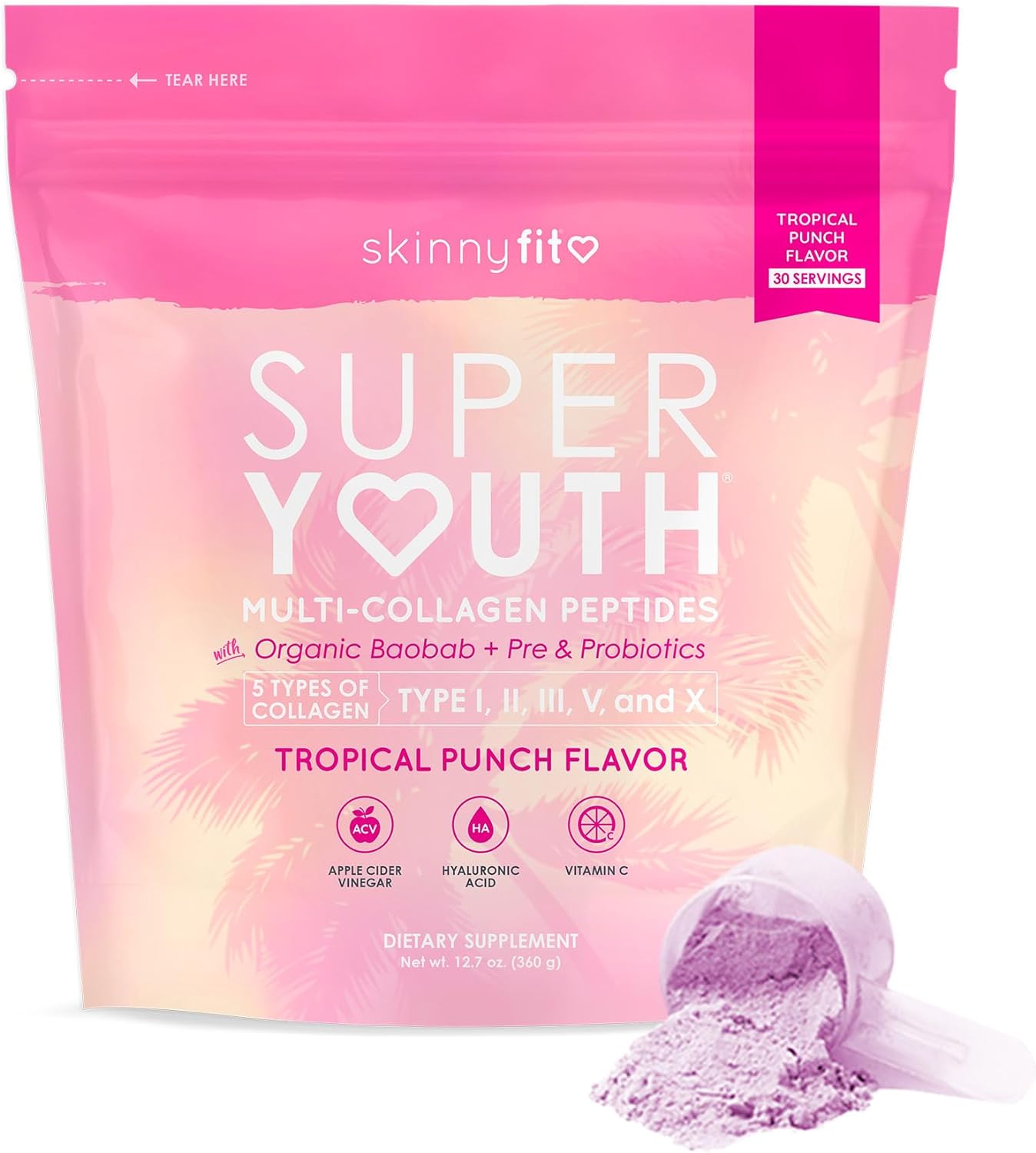 SkinnyFit Super Youth Tropical Punch Multi-Collagen Peptides + Probiotics, Baobab Fiber, Apple Cider Vinegar, Hyaluronic Acid, & Vitamin C, Skin, Hair, Joint & Metabolism Support, 30 Servings