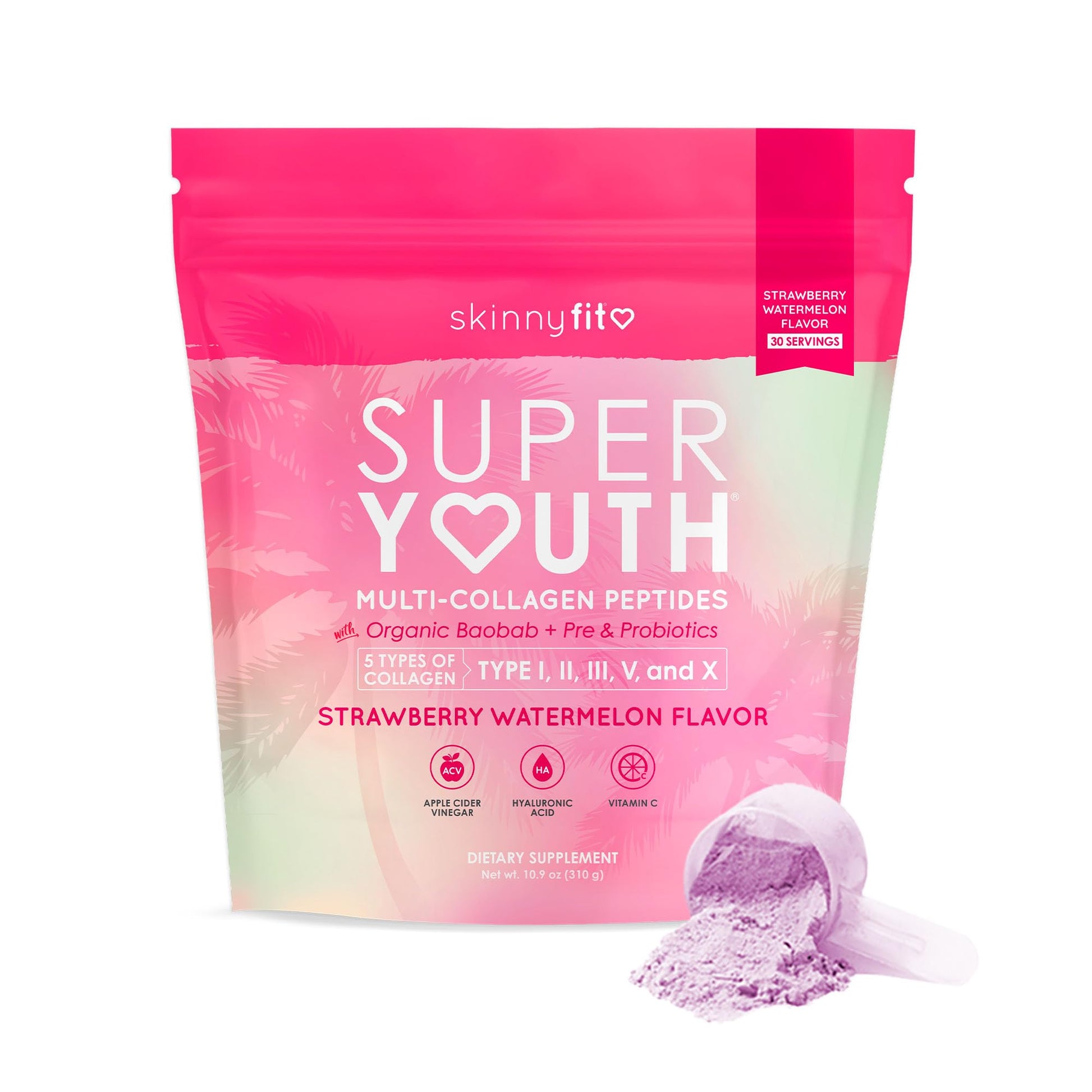 SkinnyFit Super Youth Tropical Punch Multi-Collagen Peptides + Probiotics, Baobab Fiber, Apple Cider Vinegar, Hyaluronic Acid, & Vitamin C, Skin, Hair, Joint & Metabolism Support, 30 Servings