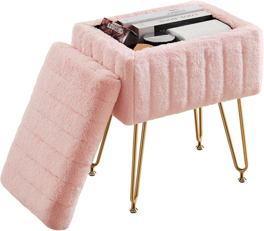 DUMOS Vanity Stool Chair, Ottoman with Storage, Makeup Cute Soft Small Footstool, Modern Style Faux Fur Seat with 4 Metal Legs & Adjustable Feet for Dressing, Living Room, Bedroom, Dorm, Pink