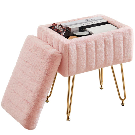 DUMOS Vanity Stool Chair, Ottoman with Storage, Makeup Cute Soft Small Footstool, Modern Style Faux Fur Seat with 4 Metal Legs & Adjustable Feet for Dressing, Living Room, Bedroom, Dorm, Pink