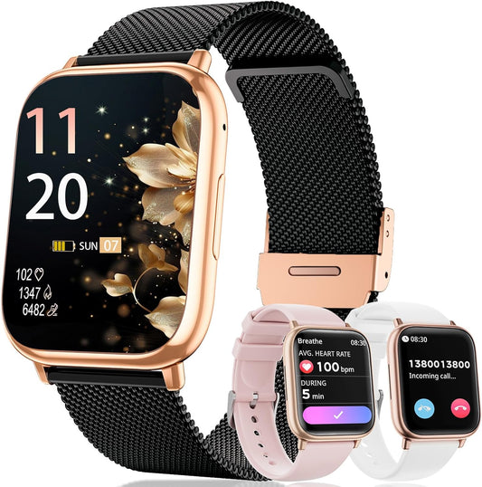 Smart Watches for Women Answer/Make Calls, 1.83" Fitness Tracker Watch with Heart Rate Monitor, 113+ Sport Modes, Pedometer, Sleep Monitor, IP68 Waterproof, Smartwatch for Android/iOS (Black Gold)