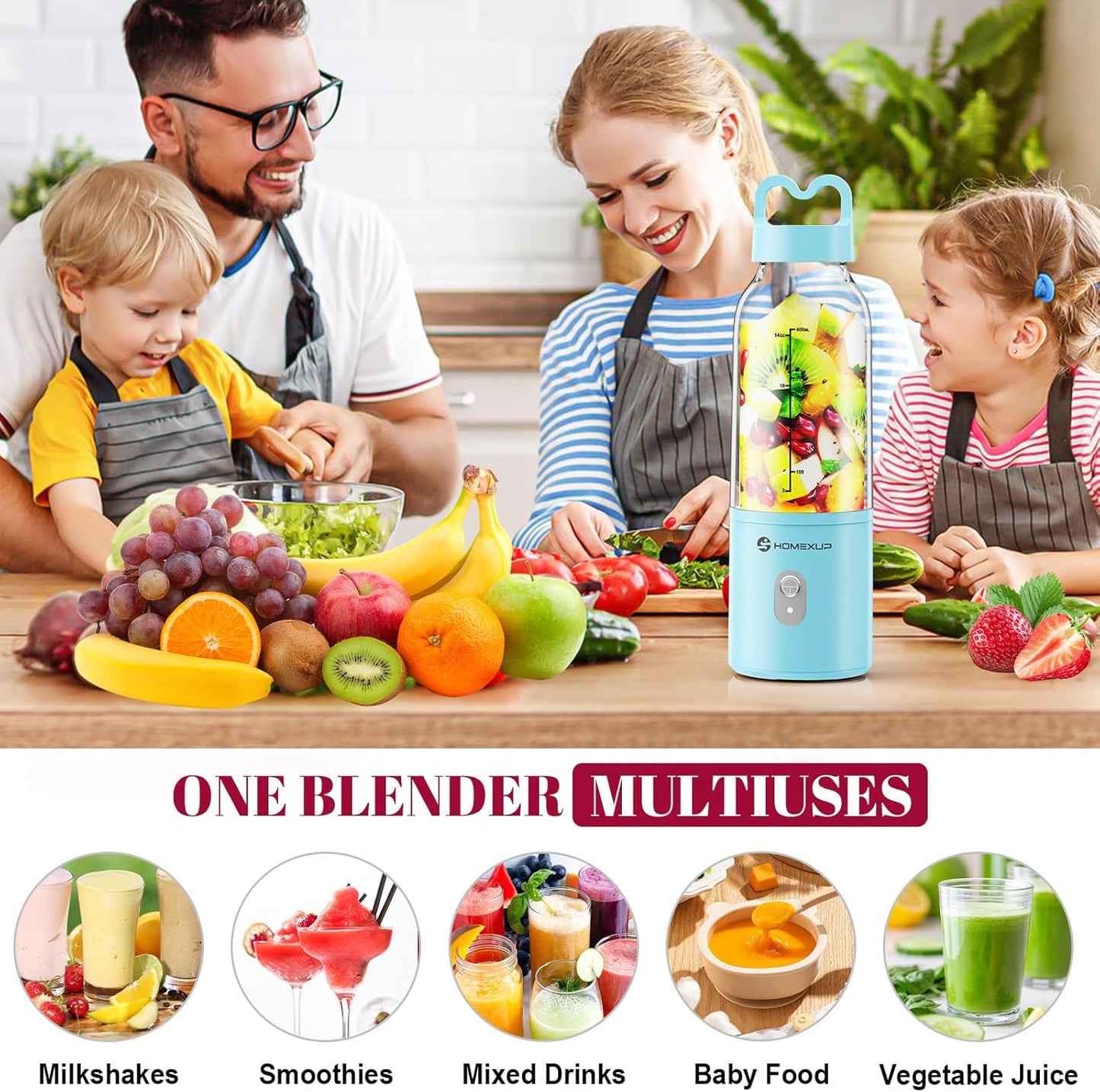 Portable Personal Blender 17 OZ/500 ML Juicer, 175W Personal Size Blender, Ideal for Smoothies, Ice Blending, Juicing, and Food Processing, Compact, Convenient, and Versatile (Blue)