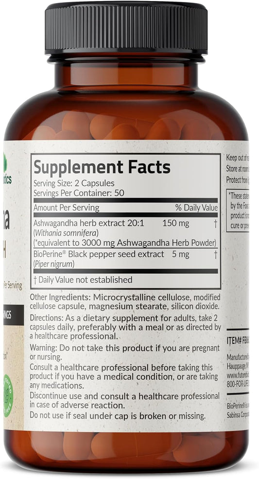 Futurebiotics Ashwagandha Extra Strength Stress & Mood Support with BioPerine - Non GMO Formula, 100 Vegetarian Capsules